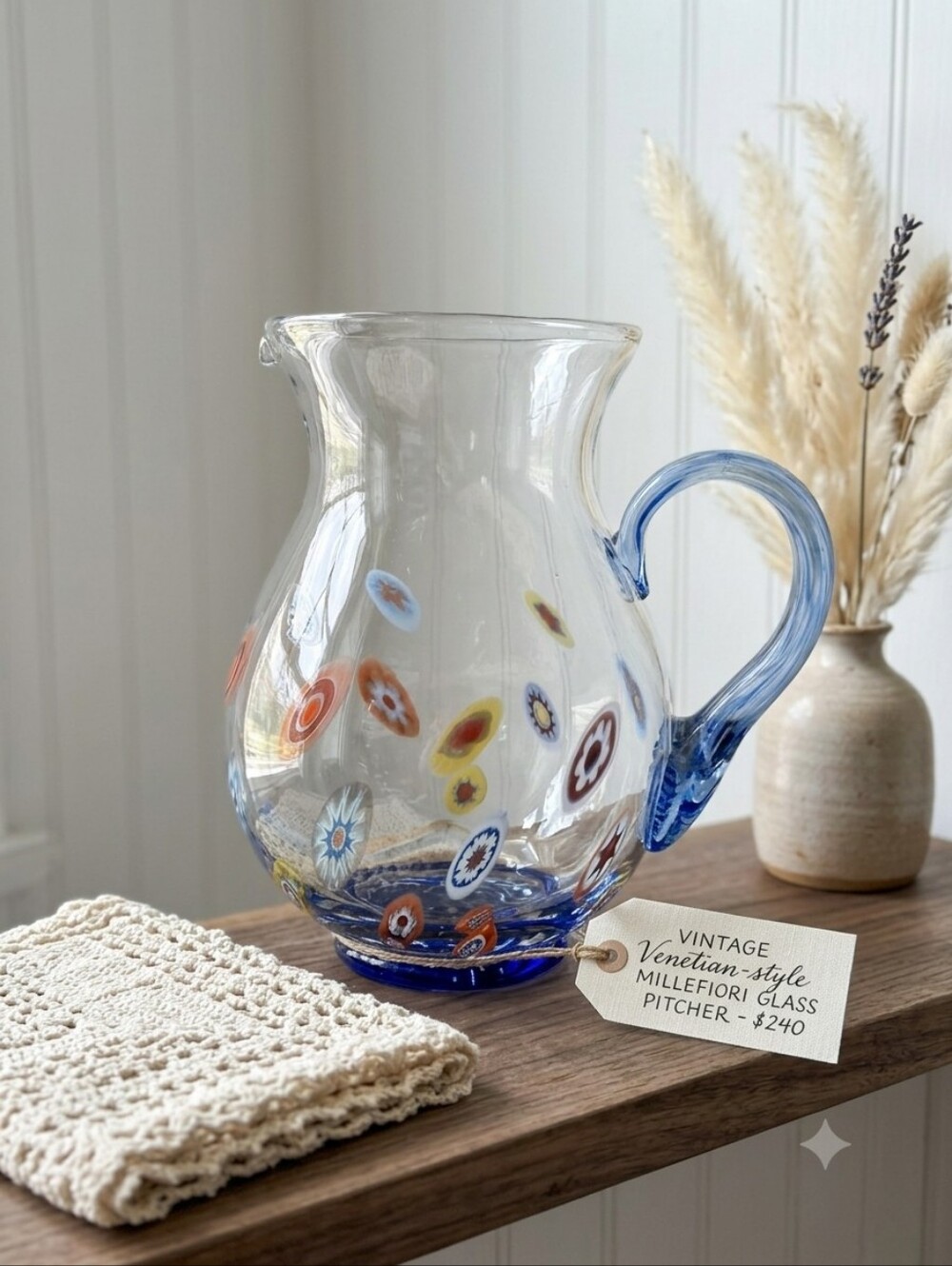 Vintage Murano Millefiori Handblown Art Glass Pitcher - Cobalt Blue Handle Base
